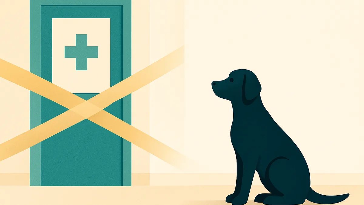 Illustrated dog near a bright veterinary clinic entrance