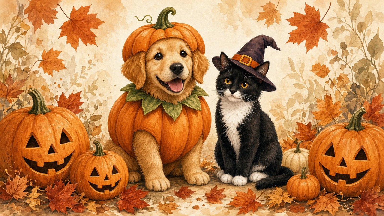 AI-generated illustration of a golden puppy in a pumpkin costume and a black and white cat in a witch hat among jack-o'-lanterns and autumn leaves